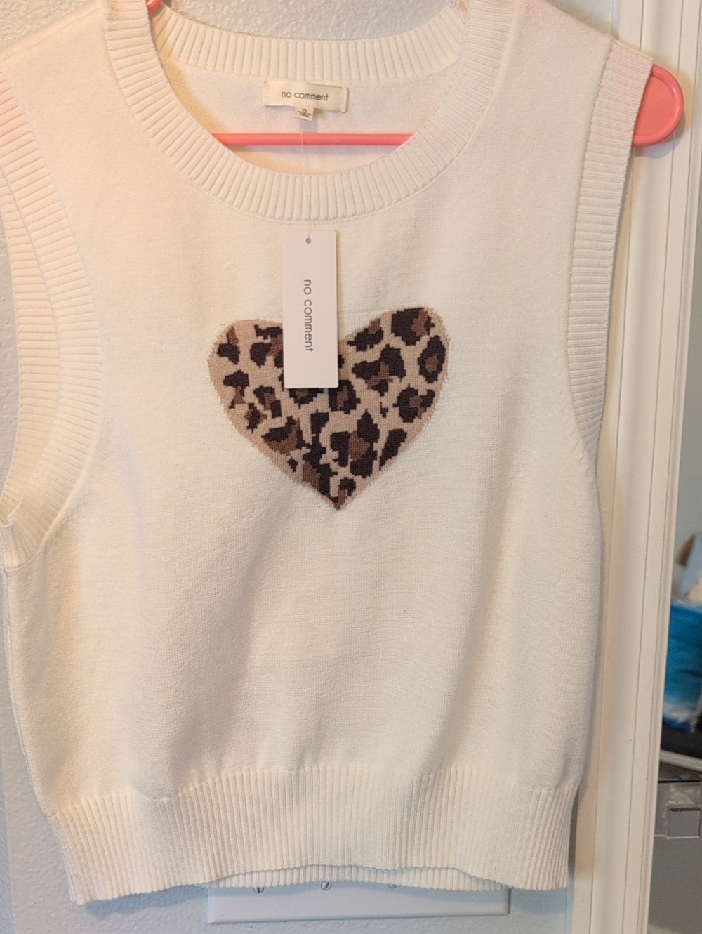 No Comment Cream Knit Tank with Leopard Heart Brand New